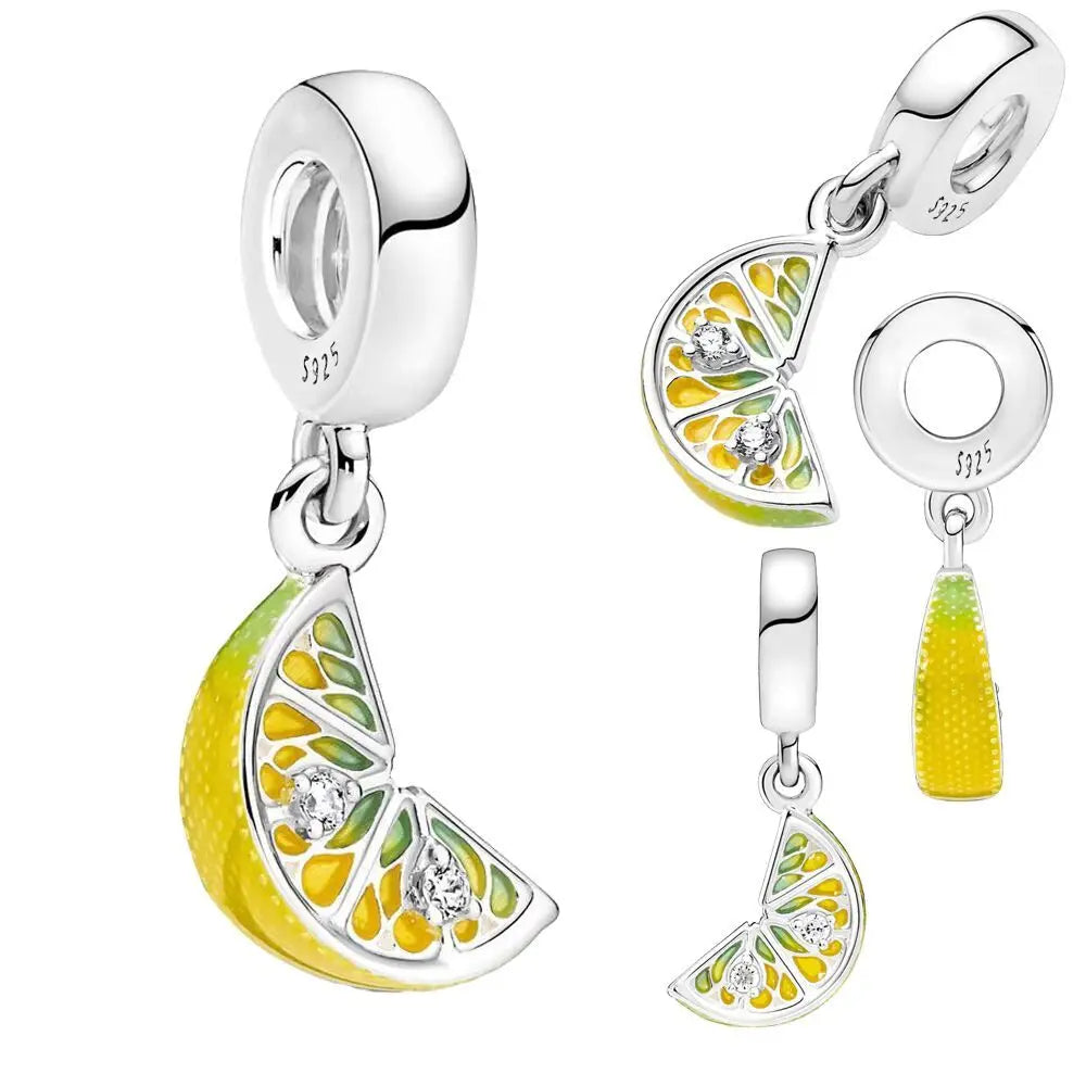 Lemon Slice Glitter Pendant Silver Plated Charm for Original Bracelet Jewelry Making