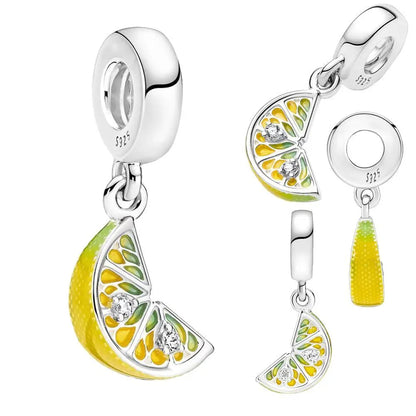 Lemon Slice Glitter Pendant Silver Plated Charm for Original Bracelet Jewelry Making