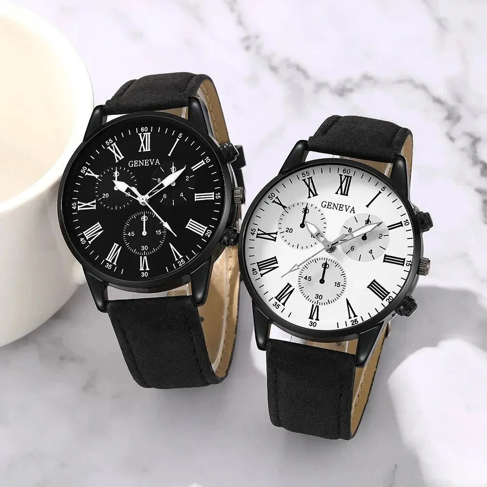2PCS Set Couple Fashion Casual Leather Watches Simple Dial Multicolor