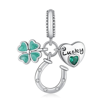 925 Sterling Silver Lucky Four Leaf Clover And Horseshoe Charms With Green Zircon For Bracelet Necklace Earrings