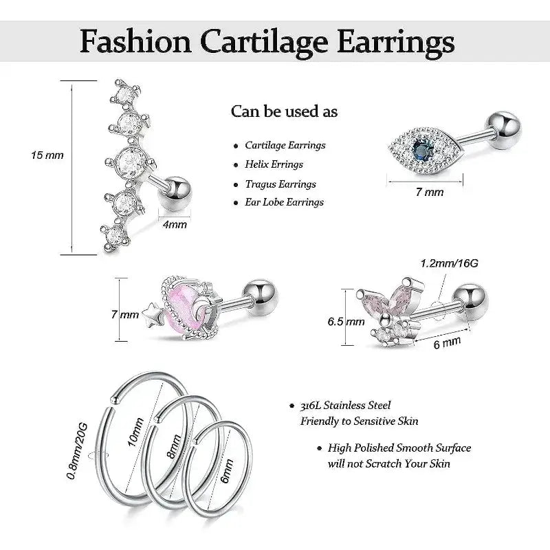 Silver Hypoallergenic Stainless Steel Cartilage Earrings Set - 2/16 Pcs A1-16Pcs-Silvery 16G-1.2mm