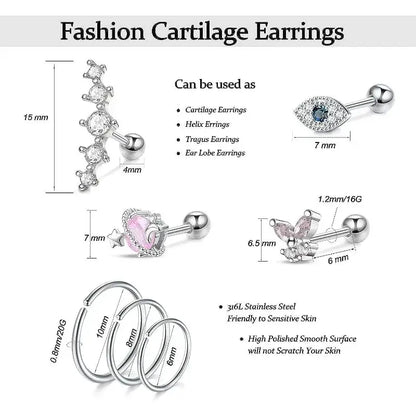 Silver Hypoallergenic Stainless Steel Cartilage Earrings Set - 2/16 Pcs A1-16Pcs-Silvery 16G-1.2mm