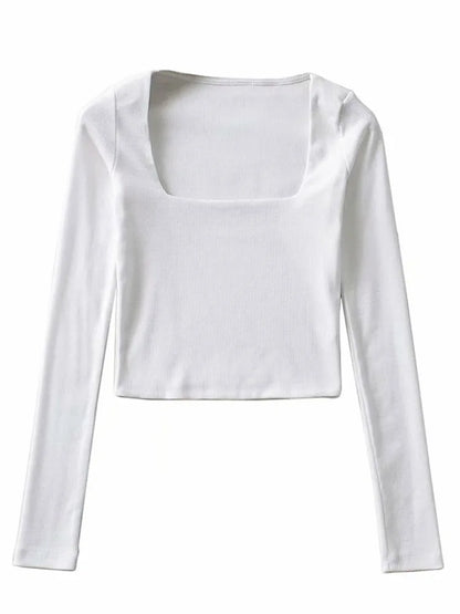 Women Cotton Ribbed Square Neck Crop Top With Long Sleeve