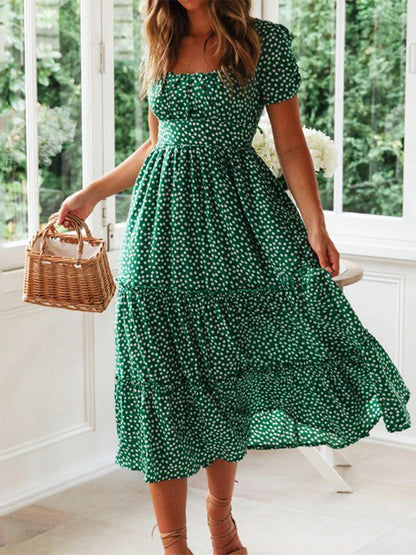 Vintage Floral Maxi Dress Square Collar Puff Sleeve Women