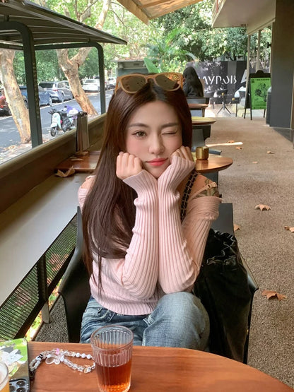 Pink Suspender V Neck Knit Sweater For Women 2025 Slim
