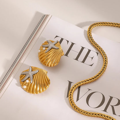 Ocean-Inspired Gold Starfish Shell Stud Earrings for Women