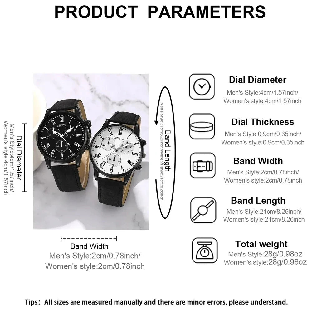 2PCS Set Couple Fashion Casual Leather Watches Simple Dial Multicolor