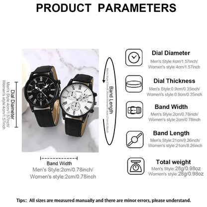 2PCS Set Couple Fashion Casual Leather Watches Simple Dial Multicolor