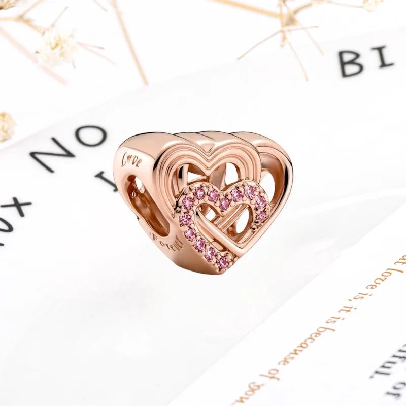 Rose Gold Winged Angel Heart Charm Bead Pink Daisy Spacer