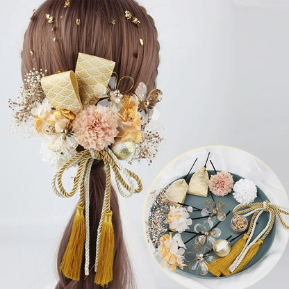 Japanese Handmade Fabric Flower Kimono Hairpin with Tassel for Weddings and Festivals