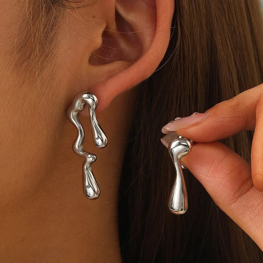 Personality Design Irregular Liquid Earrings Women's Fashion Asymmetrical Geometric Stud Earrings Trendy Hip Hop Jewelry Best Gift for Friends and Loved Ones