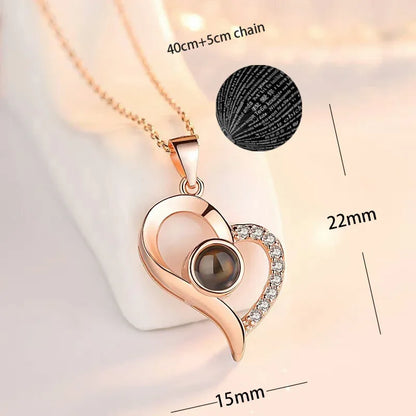 100 Languages I Love You Heart Pendant Necklace Romantic Projection Jewelry Gift for Women Heart Rose Gold 40cm plus 5cm
