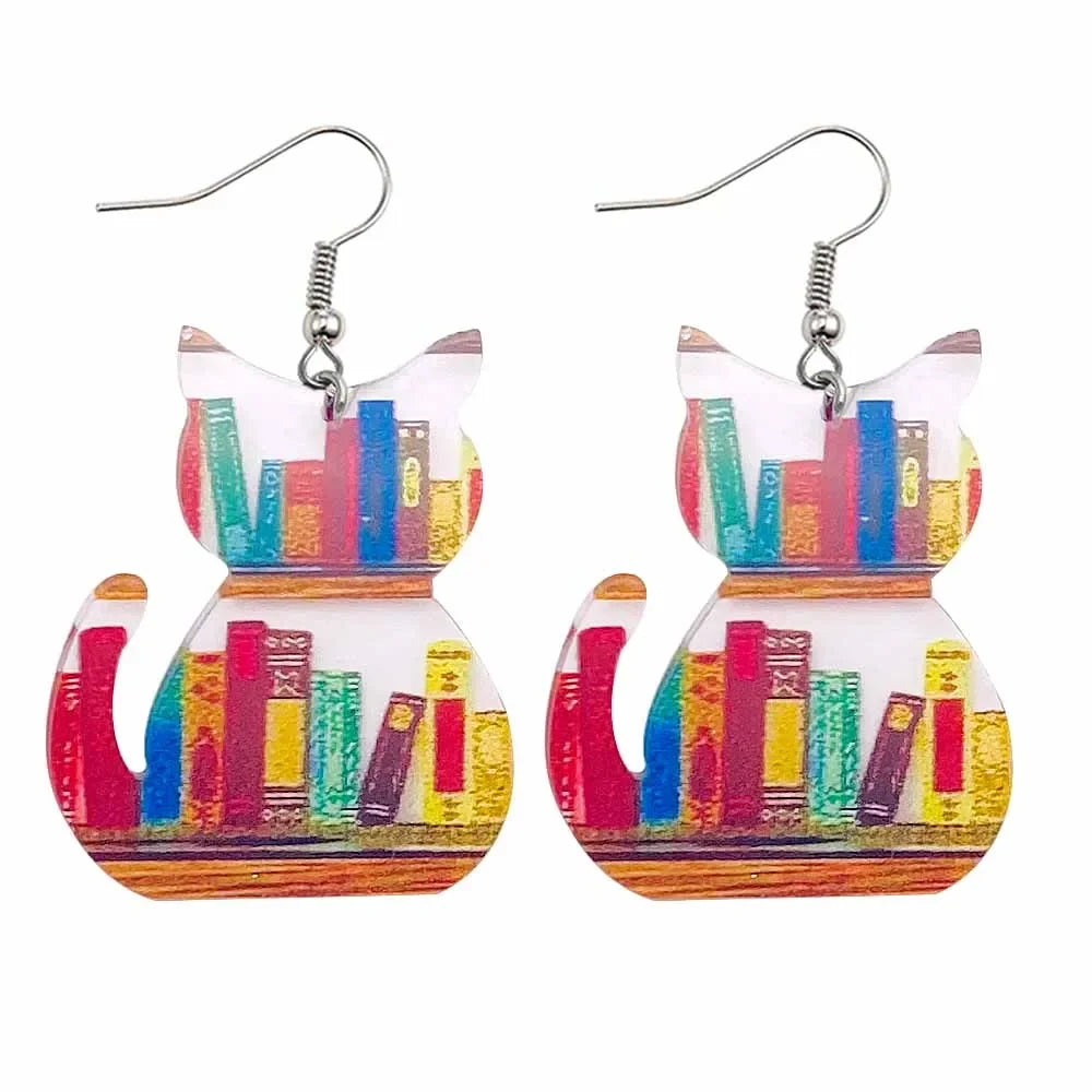 Cat Bookcase Dangle Earrings for Women Geometric Acrylic Rabbit Love Jewelry Gift for Teachers and Readers