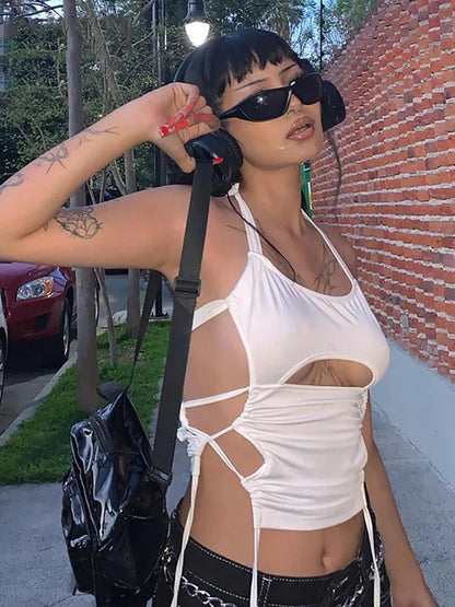 Y2K Backless White Crop Top Hollow Out Bandage Halter Tank