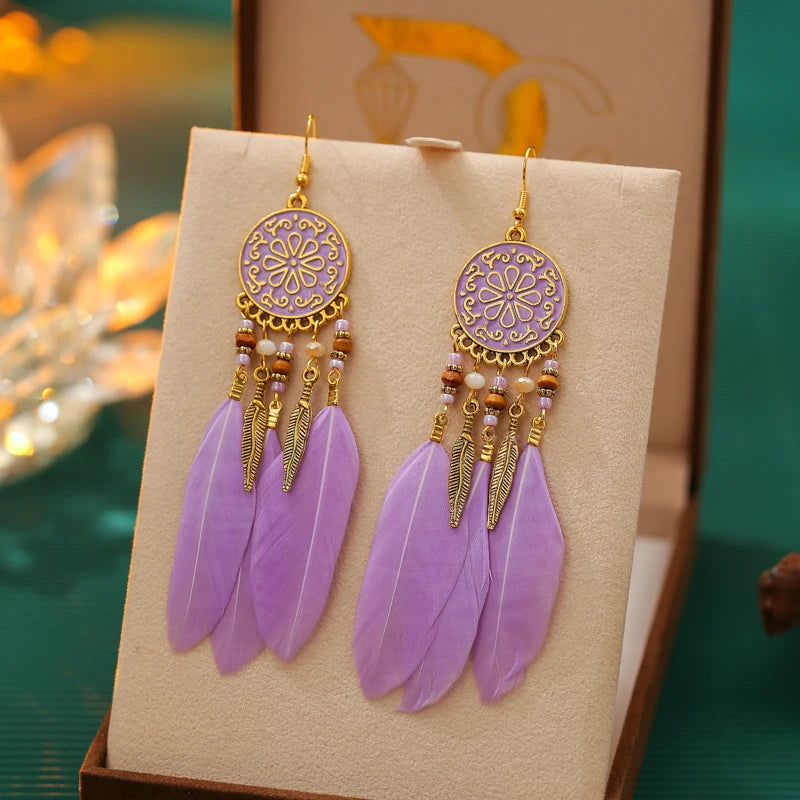 Bohemian Long Feather Drop Earrings with Tassel Beads and Enamel Flowers for Women