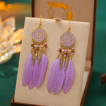 Bohemian Long Feather Drop Earrings with Tassel Beads and Enamel Flowers for Women