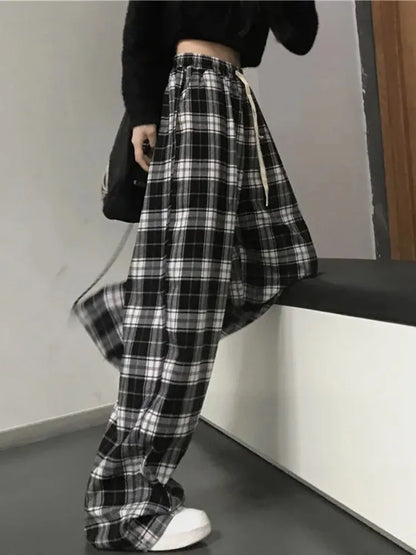 Plaid Black White Wide Leg Pants For Women Retro Streetwear
