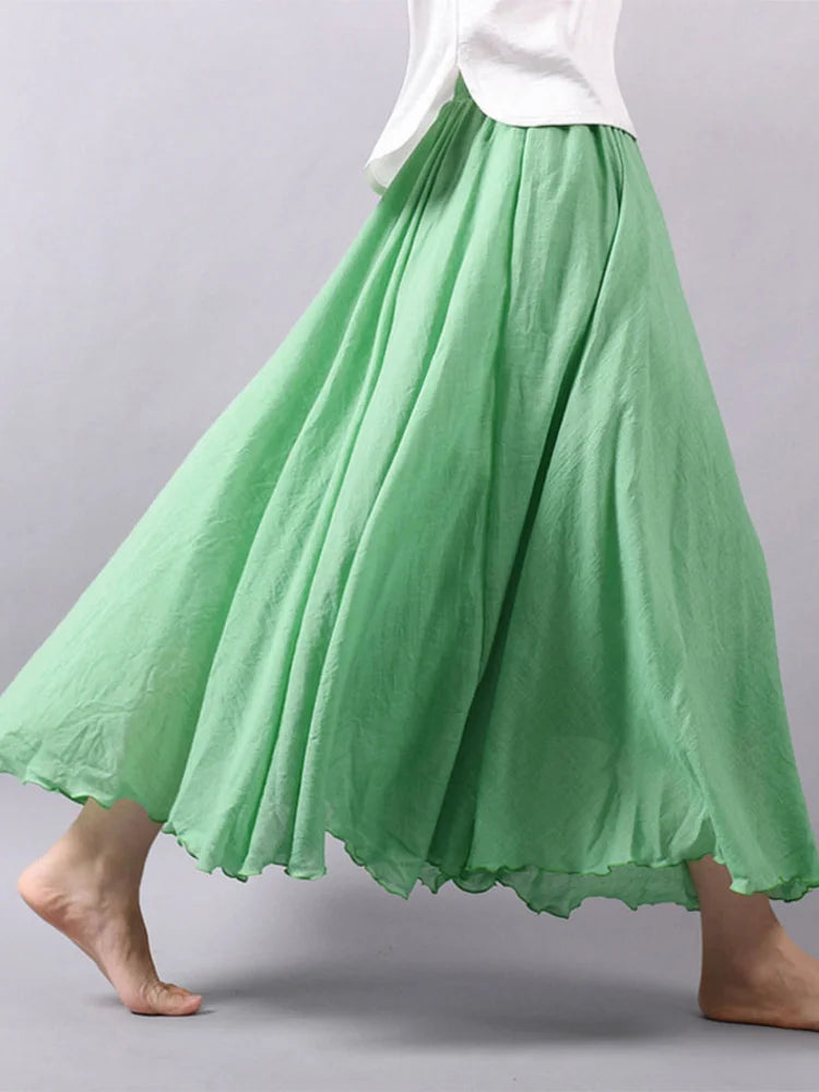 Elegant High Waist Linen Maxi Skirt Two Layer Summer Casual