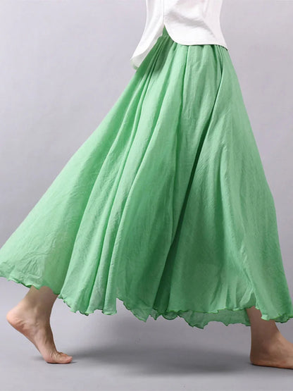 Elegant High Waist Linen Maxi Skirt Two Layer Summer Casual