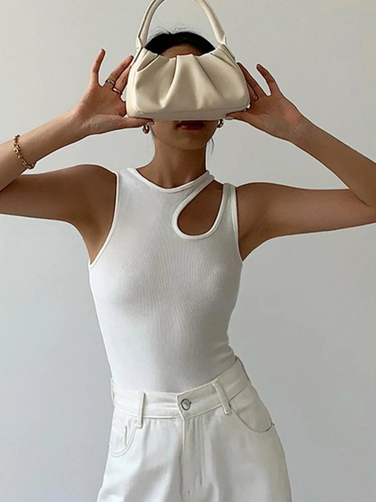 Casual White Sleeveless T Shirt Women Round Neck Slim Korean