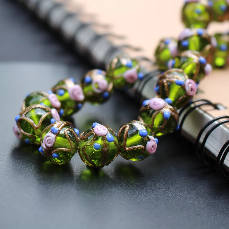 Handmade Lampwork Glass Flower Beads Set with Gold Accents for Jewelry Crafting