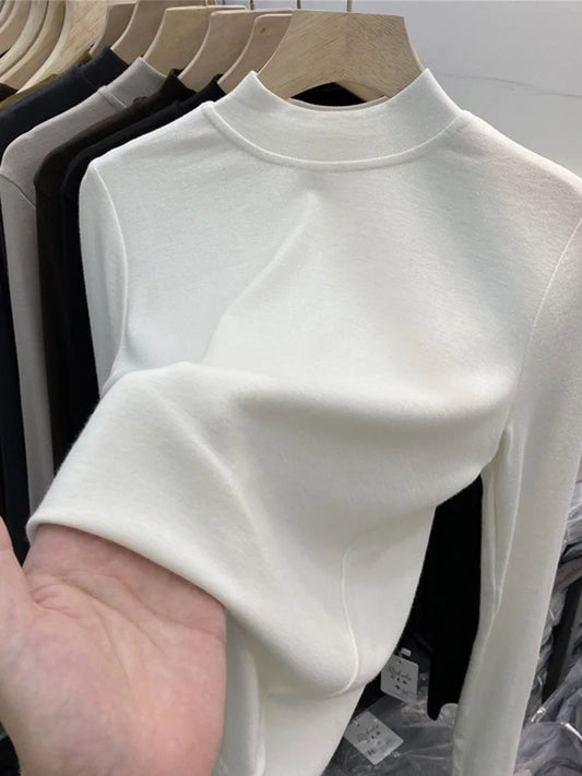 White Cotton Slim Fit Long Sleeve Half Turtleneck Women