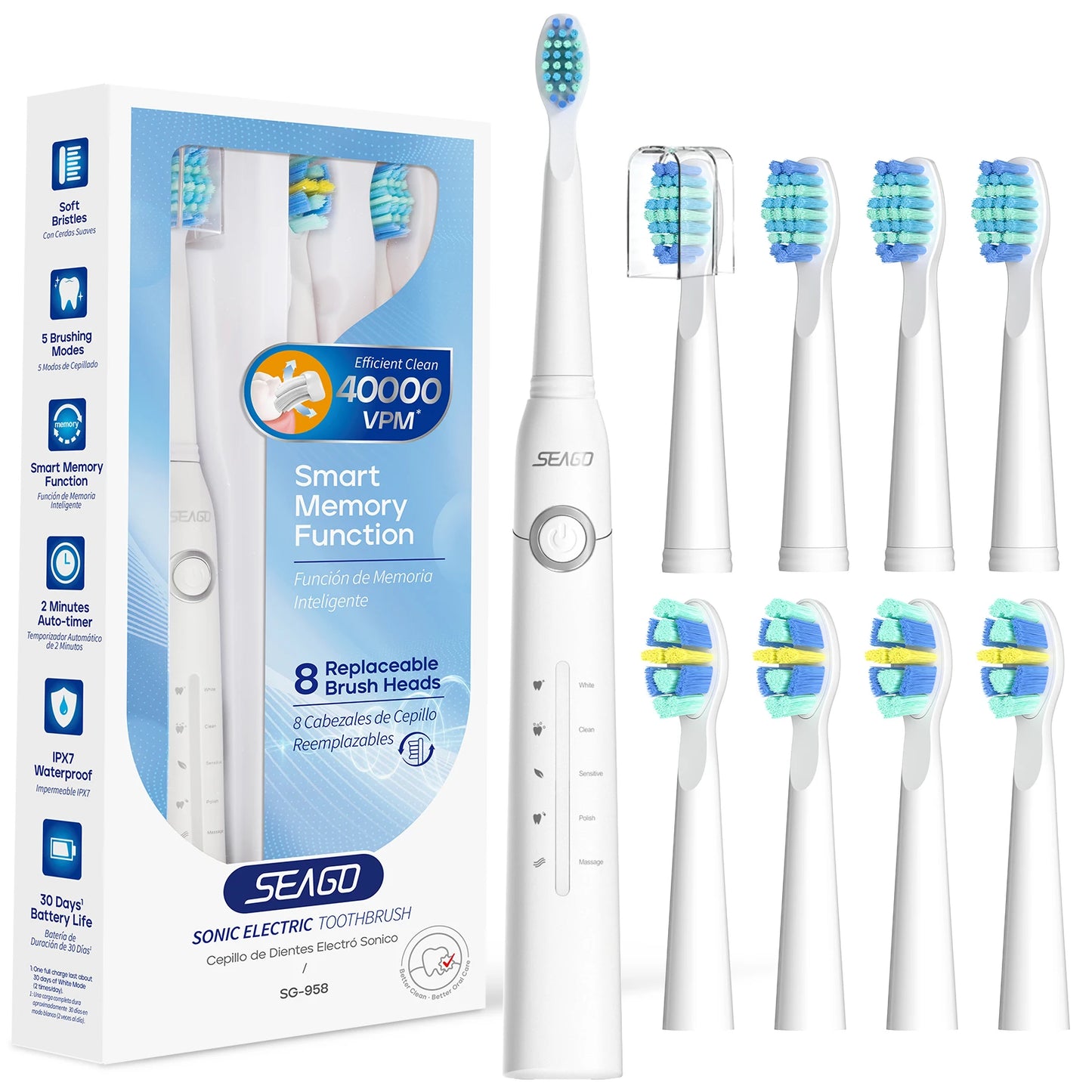 Seago Electric Toothbrush Sonic Toothbrush 30 Days Battery Life 958White8Brush heads