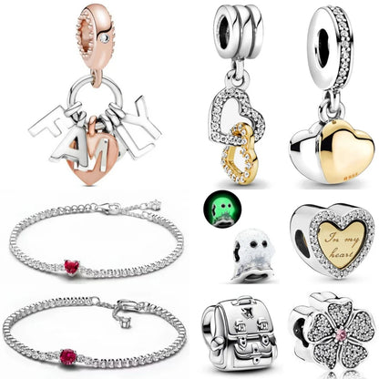 European 925 Sterling Silver Family Flower Cross Heart DIY Charm Bead for Women's Bracelet and Necklace Jewelry