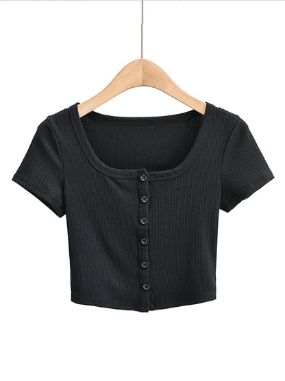 Women Ribbed Button Through Short Sleeve Slim Jersey Top