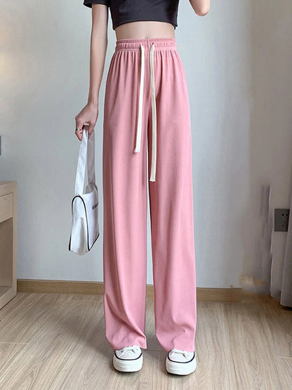 Summer Lace Up Wide Leg High Waist Pants for Women Ice Silk