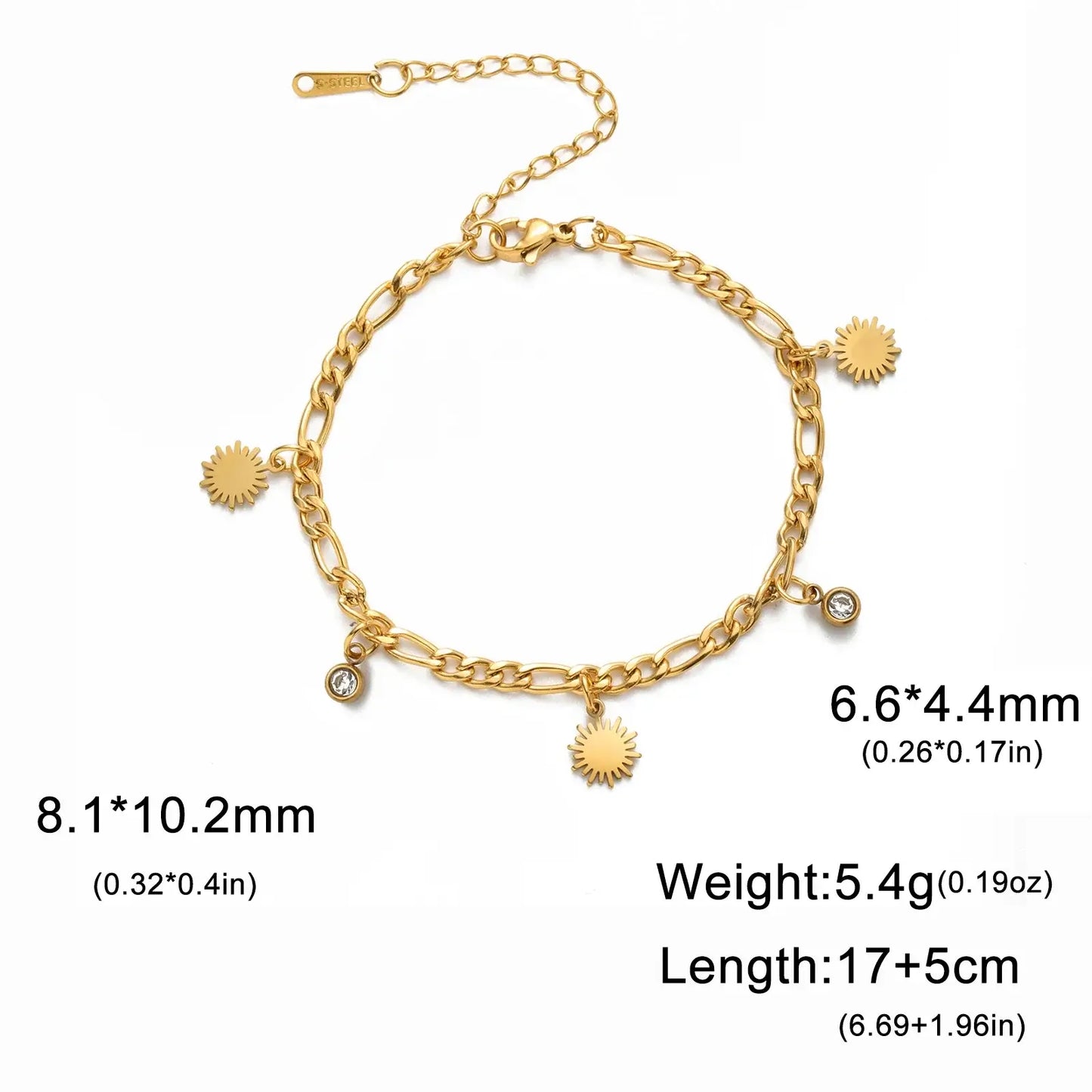 Skyrim Sun Zircon Charm Bracelet for Women - Stainless Steel Fashion Jewelry Figaro Chain Gold 17-22 cm