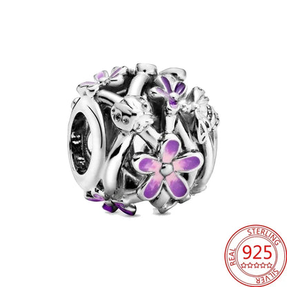 Sterling Silver Purple Murano Pansy Flower Dangle Charm for Women Bracelet and Necklace Jewelry Gift