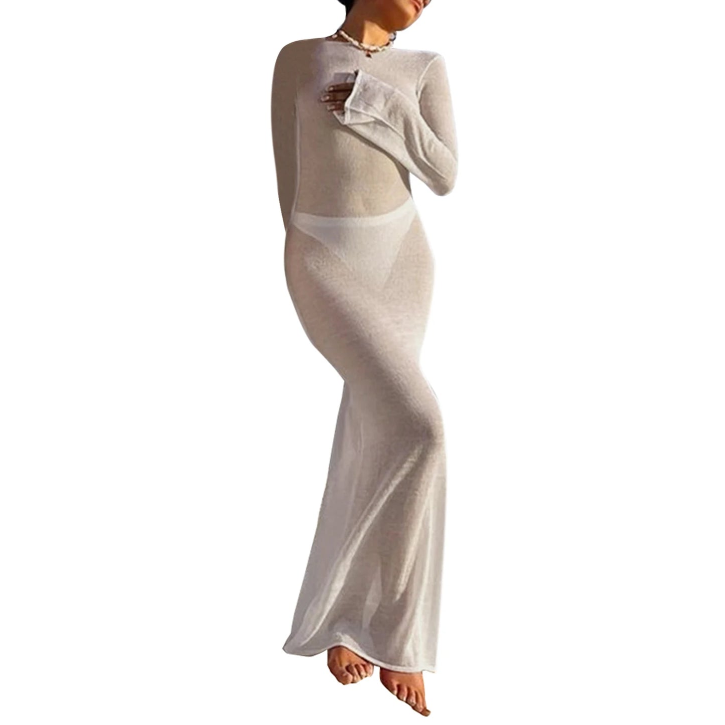 Fashion Women Wrapped Dress Long Sleeve Backless Summer Cover Up WHITE