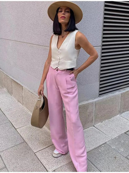 Sleeveless Cropped Vest Single Breasted V Neck Pocket Summer