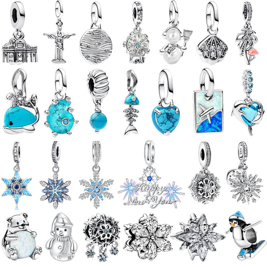 Sterling Silver 925 Skiing Penguin Charm with Geometric Snowflake Beads for Bracelets and Necklaces DIY Jewelry Gift