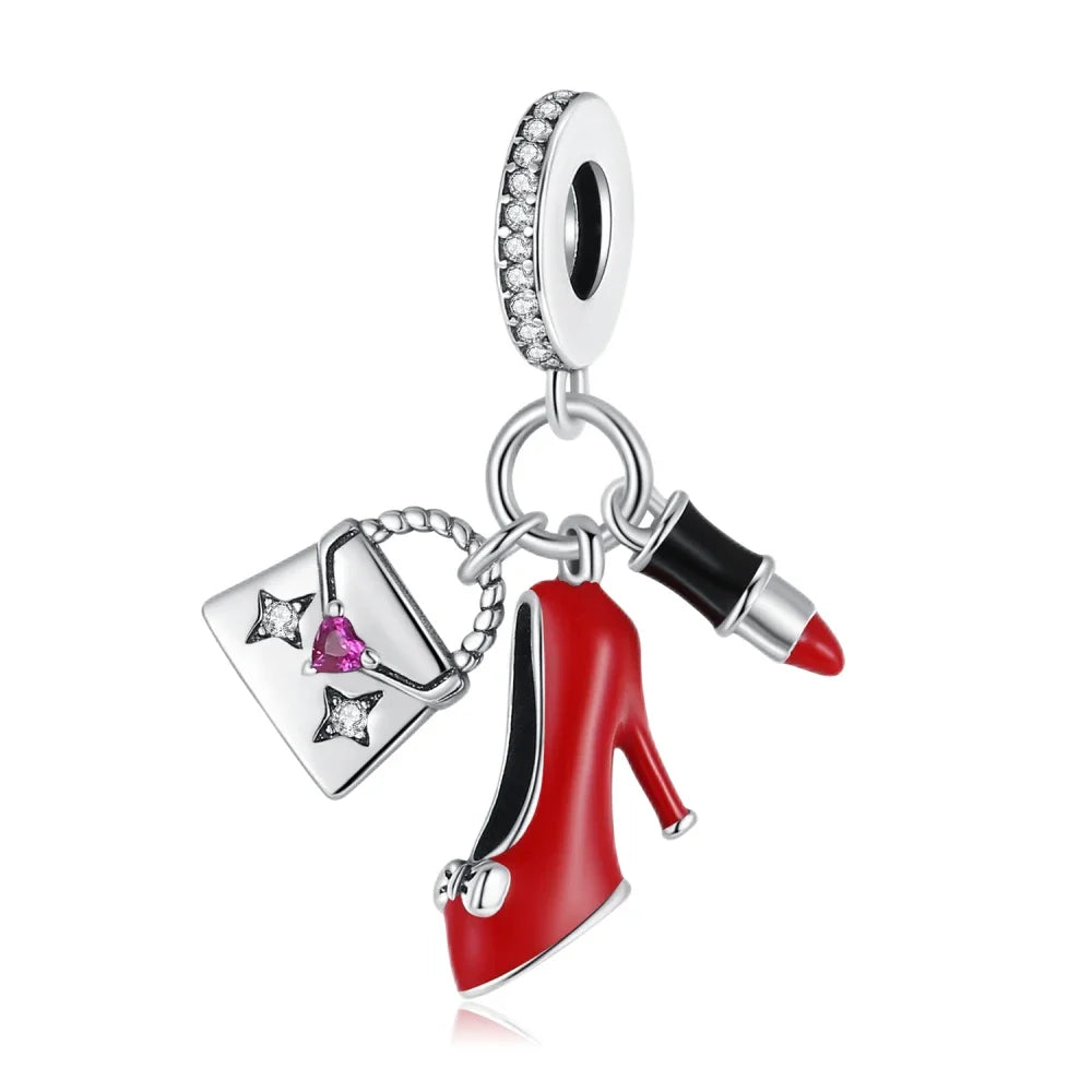 Romantic 925 Sterling Silver Lipstick Charm Pendant with Zircon for Womens Bracelets Necklaces DIY Jewelry Gift