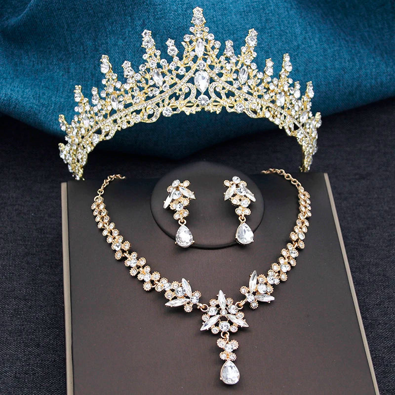 Elegant Silver Opal Blue Wedding Crown Jewelry Set for Women - Princess Tiaras, Earrings, and Necklace for Prom Gifts