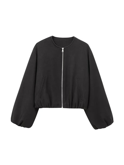 Soft Bomber Jacket For Women Front Zipper Long Sleeve Coat