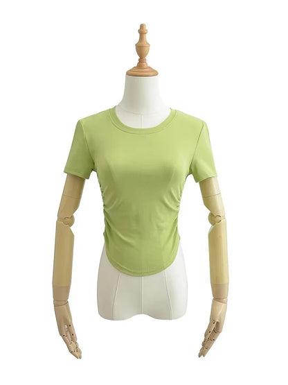 Harajuku 2024 Womens Crew Neck Ruched Side Cotton Tee