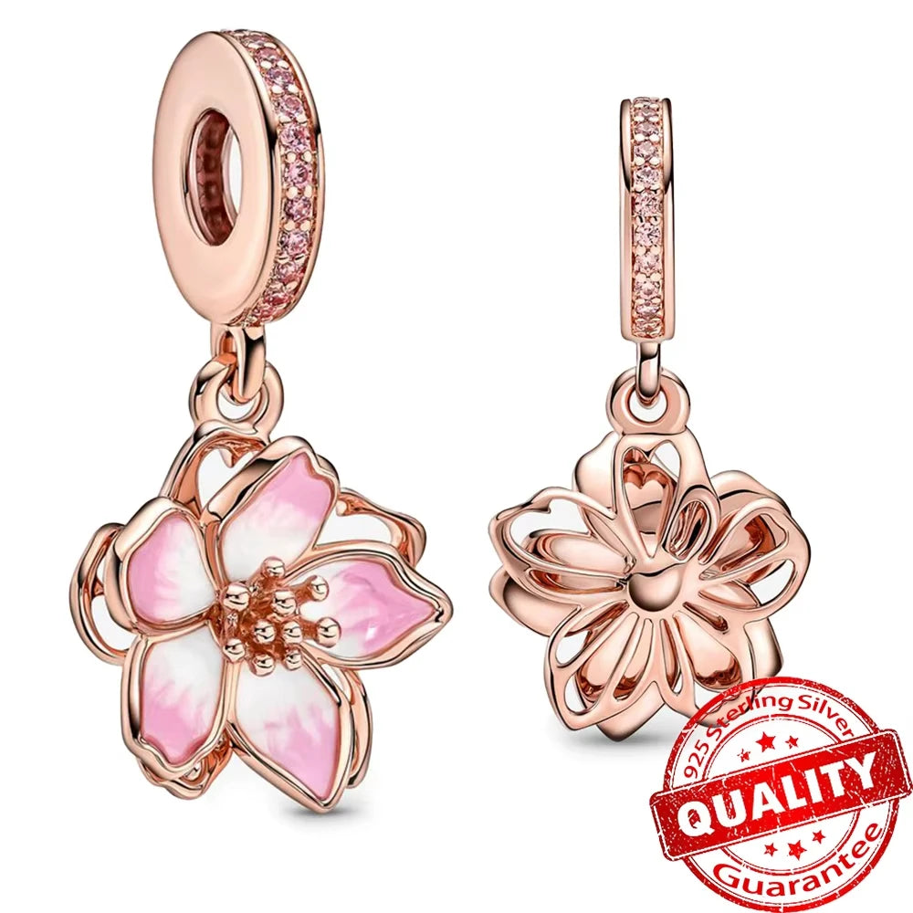 Original 925 Sterling Silver Pink Flower Balloon and Coffee Cup Charms Beads for DIY Women’s Bracelet Jewelry Gift