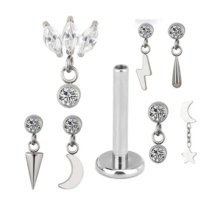 ASTM F136 Titanium Ear Piercing Pendant Chain Dangle Ear Studs with CZ Top Labret Lip Stud and Cartilage Earring Body Jewelry