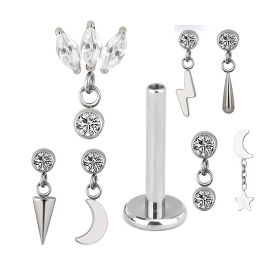 ASTM F136 Titanium Ear Piercing Pendant Chain Dangle Ear Studs with CZ Top Labret Lip Stud and Cartilage Earring Body Jewelry