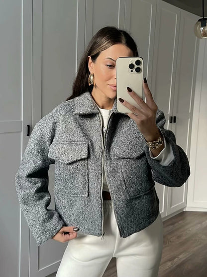 Tweed Cropped Jacket For Women Zip Front Autumn Coat