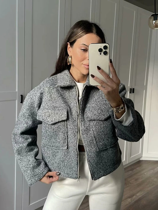 Tweed Cropped Jacket For Women Zip Front Autumn Coat