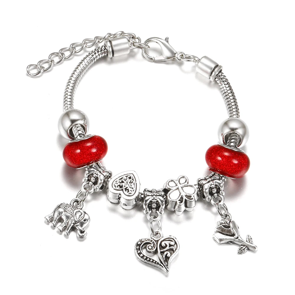 Elegant Heart Lock Charm Beaded Bangle Adjustable Snake Chain Bracelet for Women