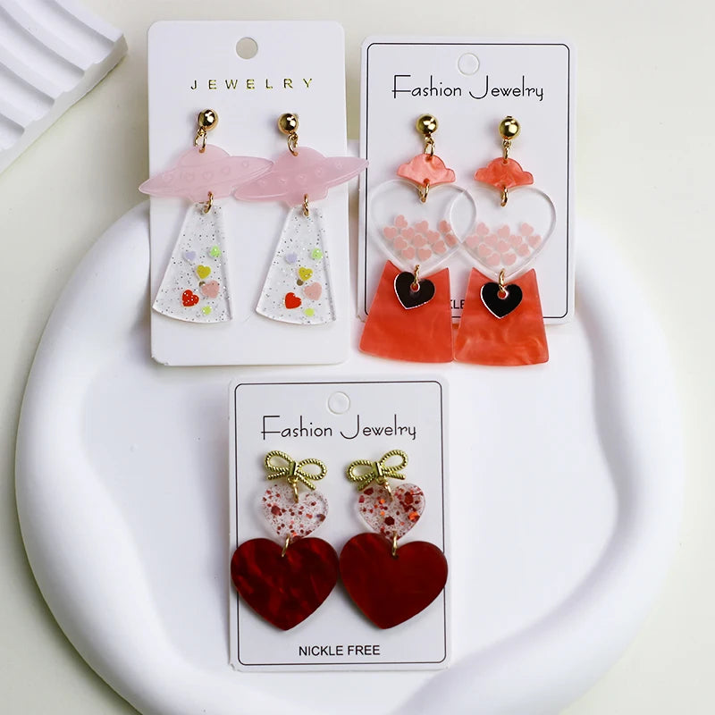 Valentine's Day Pink Heart UFO Gashapon Earrings for Women - Cute Acrylic Drop Spaceship Jewelry Gift