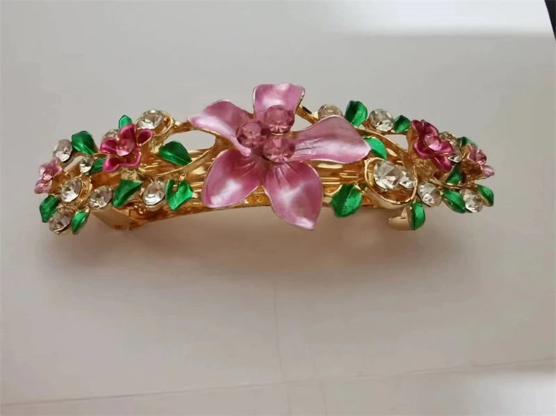 Elegant Red Crystal Flower Bow Hairpin With Vintage Blue Rhinestones