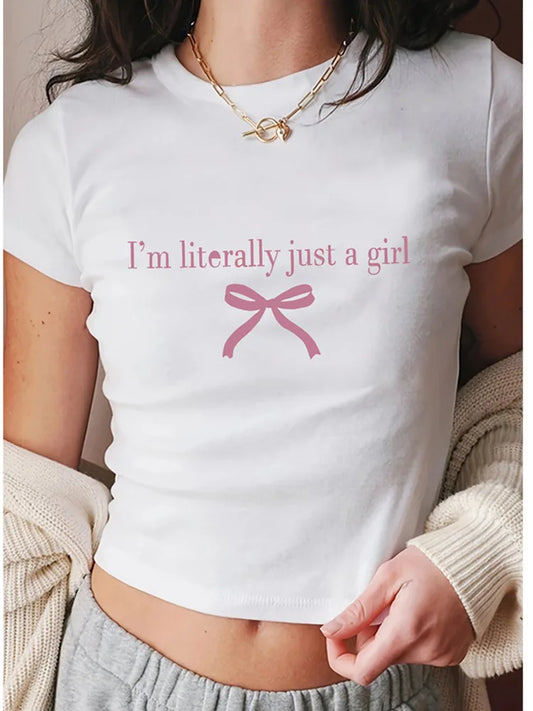Women Slogan Tee Bow Knot Print Short Sleeve Casual Chic