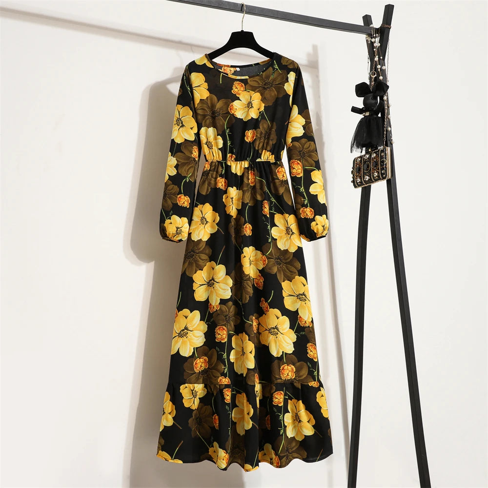 Spring Summer Women Maxi Dresses Casual Full Sleeve Floral 19