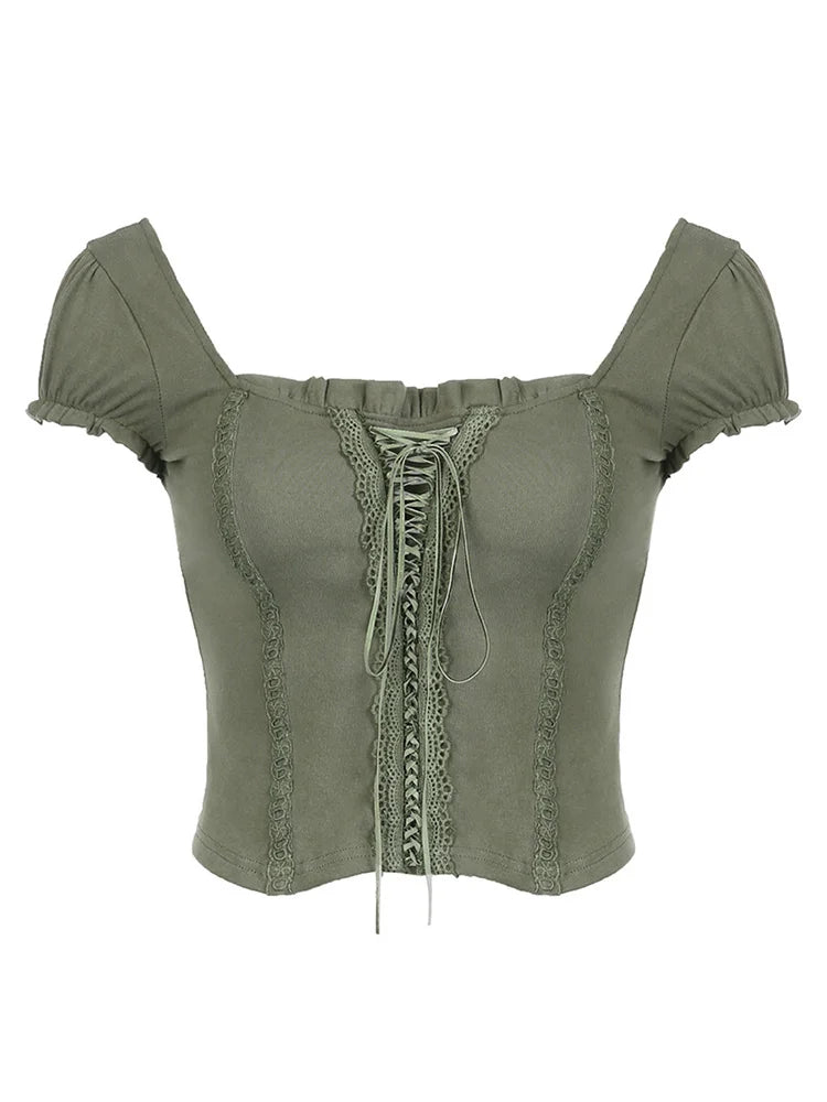 Dozw Green Lace Crop Top Square Collar Women Y2K Chic